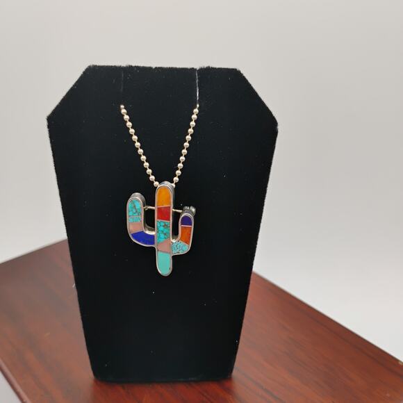 Saguaro Cactus Pendant/Brooch on 18-in Beaded Chain - Picture 2 of 5